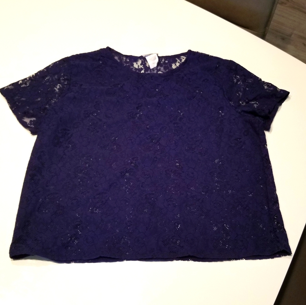 Navy Lace Overlay Blouse 1X